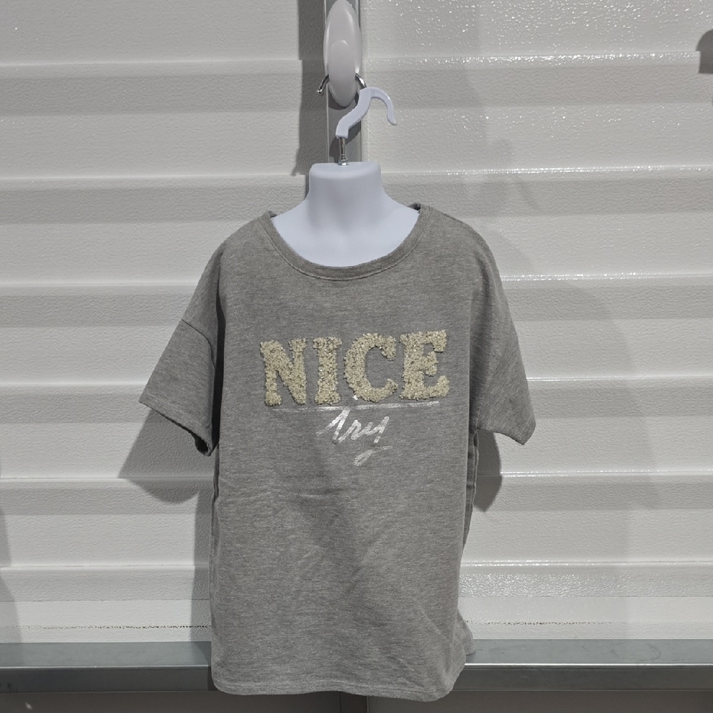 Zara Gray Kids Tee with 'Nice Try' Embroidery Size 13/14